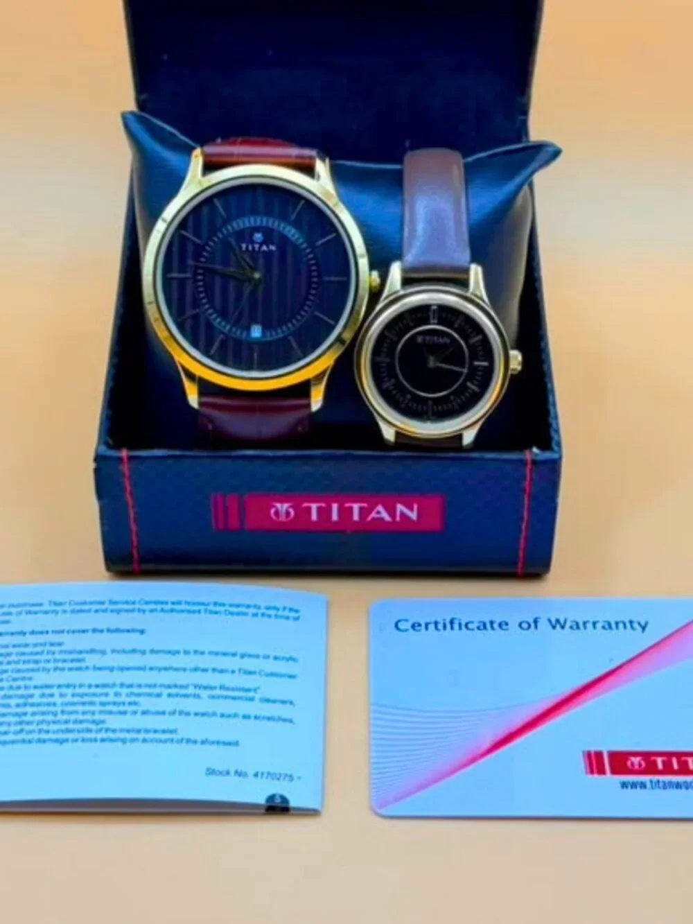 Titan Couple Watch Day Date Champagne Dial Brown Leather Quartz - Unused